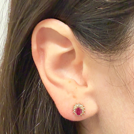 14 Karat Gold Diamond & Ruby Halo Stud Earrings - WeilJewelry