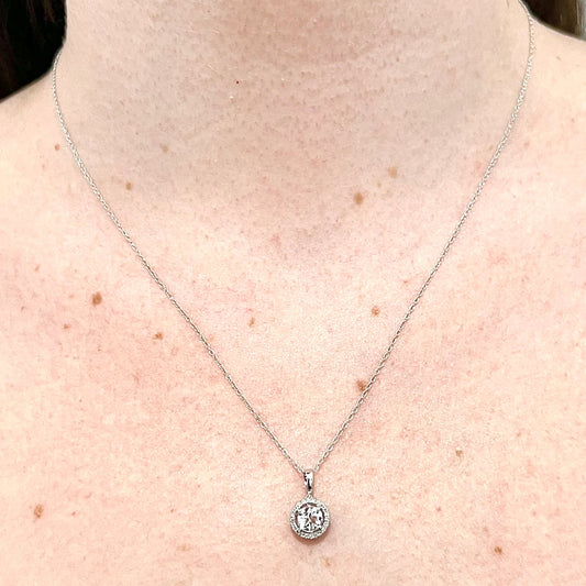 14 Karat White Gold April Birthstone Round White Topaz & Diamond Halo Pendant Necklace - WeilJewelry