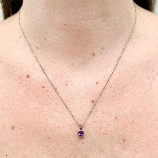 14 Karat White Gold February Birthstone Natural Round Amethyst Solitaire Pendant Necklace - WeilJewelry