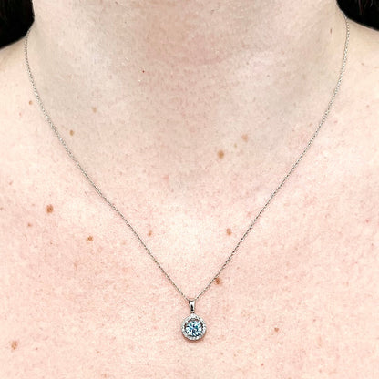 14 Karat White Gold March Birthstone Round Aquamarine & Diamond Halo Pendant Necklace - WeilJewelry