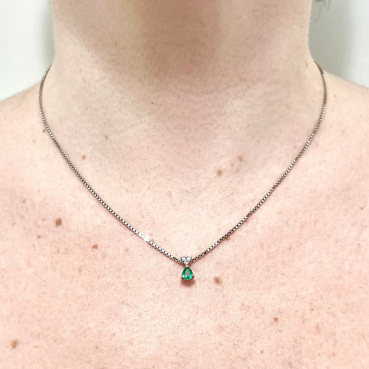 14 Karat White Gold Natural Diamond & Pear Emerald Pendant Necklace - WeilJewelry