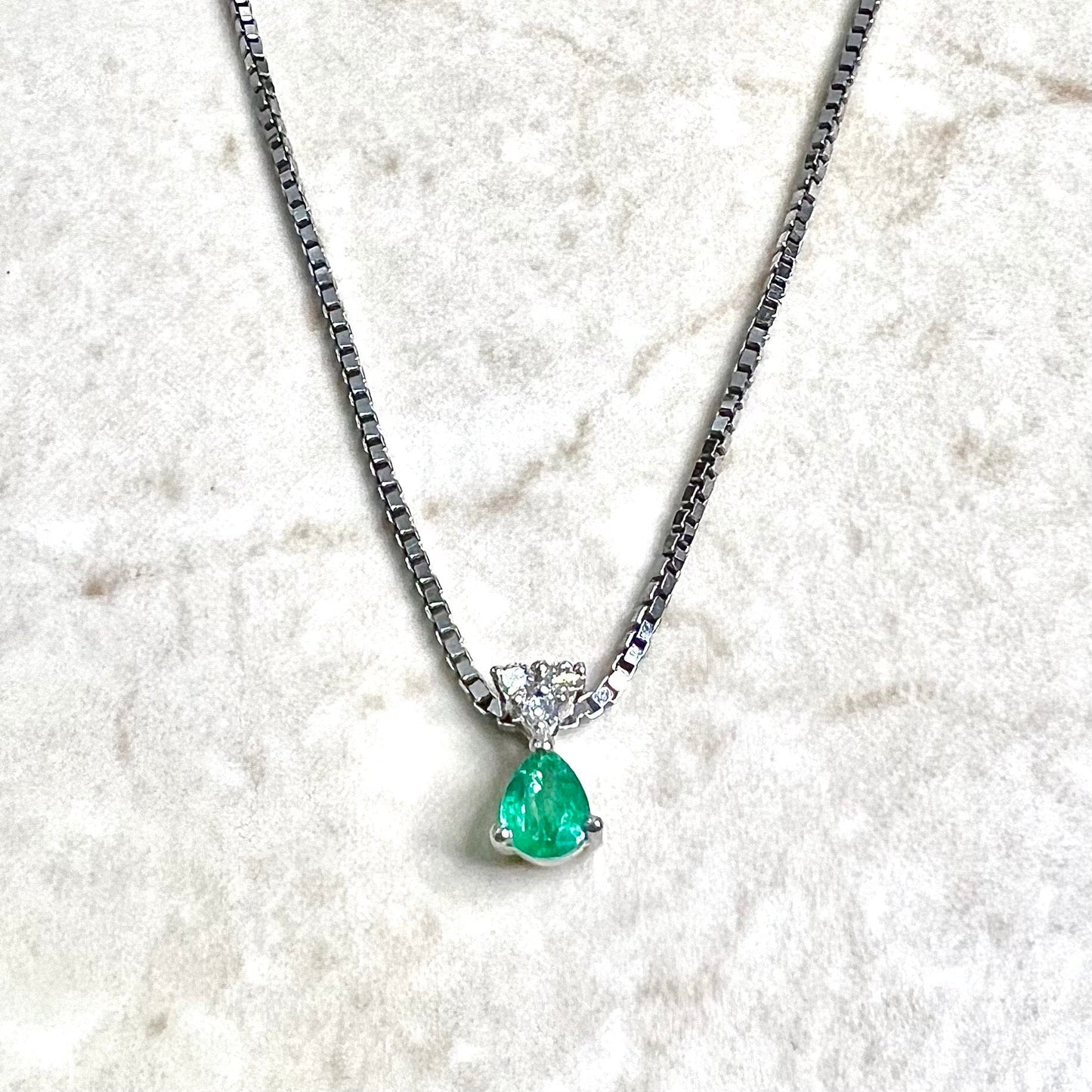 14 Karat White Gold Natural Diamond & Pear Emerald Pendant Necklace - WeilJewelry