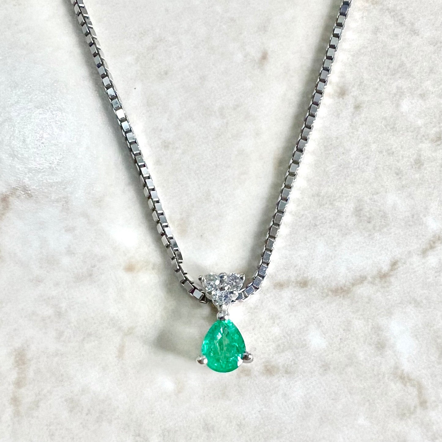 14 Karat White Gold Natural Diamond & Pear Emerald Pendant Necklace - WeilJewelry