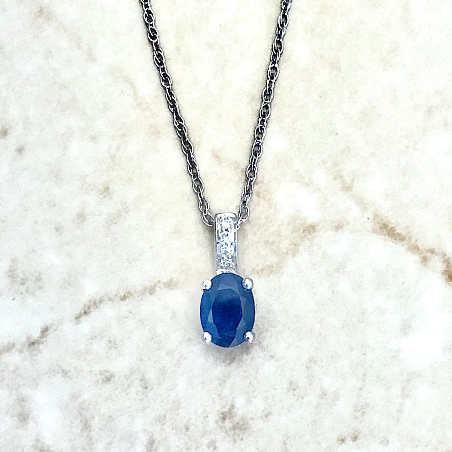 14 Karat White Gold September Birthstone Oval Blue Sapphire & Diamond Pendant Necklace - WeilJewelry