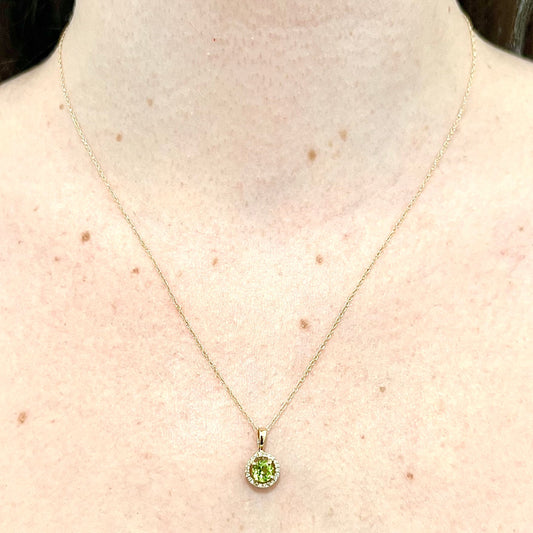 14 Karat Yellow Gold August Birthstone Round Peridot & Diamond Halo Pendant Necklace - WeilJewelry