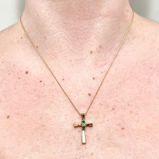 14 Karat Yellow Gold Diamond & Emerald Cross Pendant Necklace - WeilJewelry