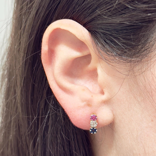 14 Karat Yellow Gold Diamond, Ruby & Sapphire Cluster Earrings - WeilJewelry