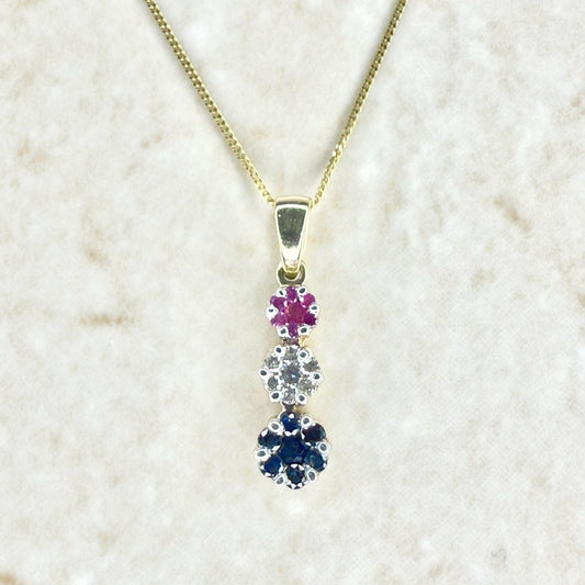 14 Karat Yellow Gold Diamond, Ruby & Sapphire Cluster Earrings And Necklace Set - WeilJewelry