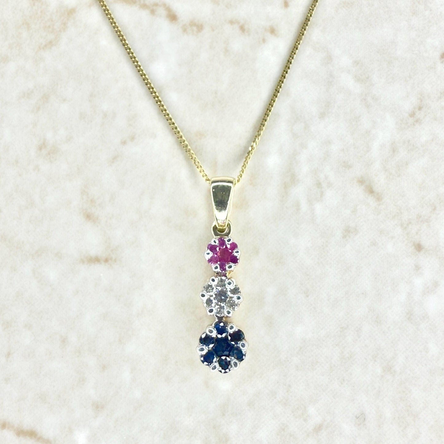 14 Karat Yellow Gold Diamond, Ruby & Sapphire Cluster Pendant Necklace - WeilJewelry