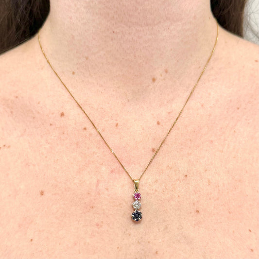 14 Karat Yellow Gold Diamond, Ruby & Sapphire Cluster Pendant Necklace - WeilJewelry
