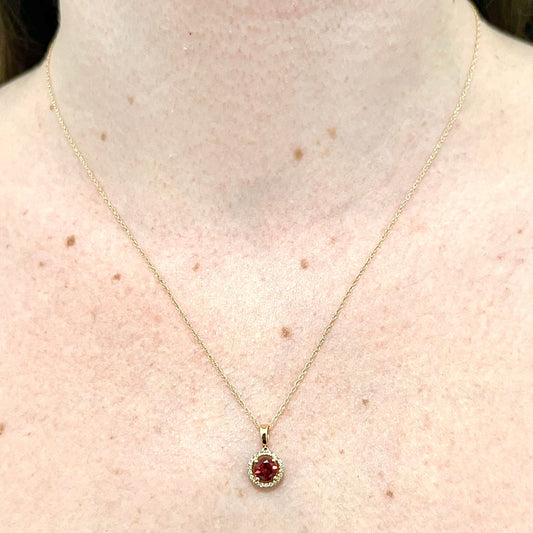 14 Karat Yellow Gold January Birthstone Round Garnet & Diamond Halo Pendant Necklace - WeilJewelry
