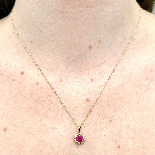 14 Karat Yellow Gold July Birthstone Round Ruby & Diamond Halo Pendant Necklace - WeilJewelry