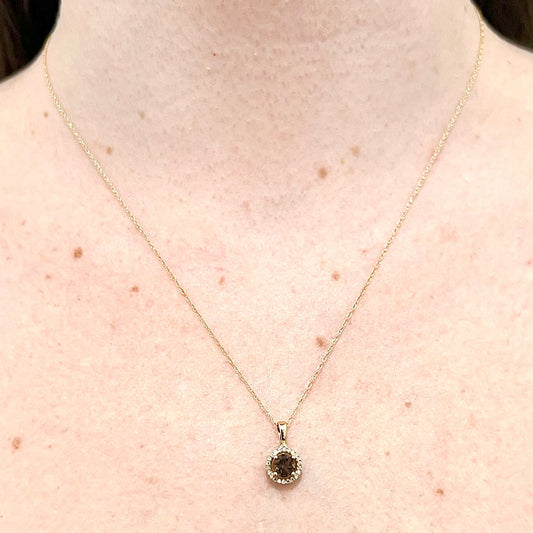 14 Karat Yellow Gold June Birthstone Round Smoky Quartz & Diamond Halo Pendant Necklace - WeilJewelry