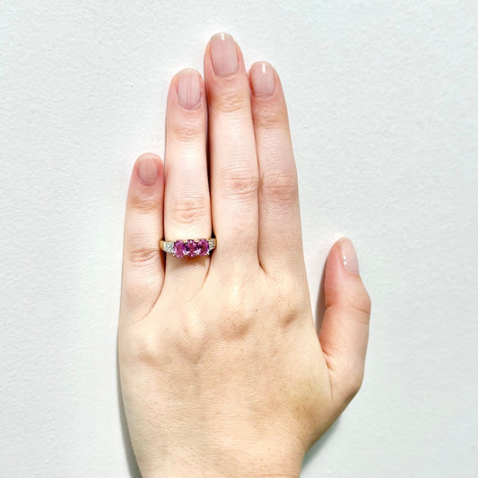 14 Karat Yellow Gold Natural Diamond & Pink Sapphire 3 - Stone Ring - WeilJewelry