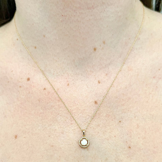 14 Karat Yellow Gold October Birthstone Round Opal & Diamond Halo Pendant Necklace - WeilJewelry