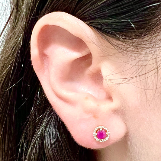 14 Karat Yellow Gold July Birthstone Round Ruby & Diamond Halo Stud Earrings - WeilJewelry