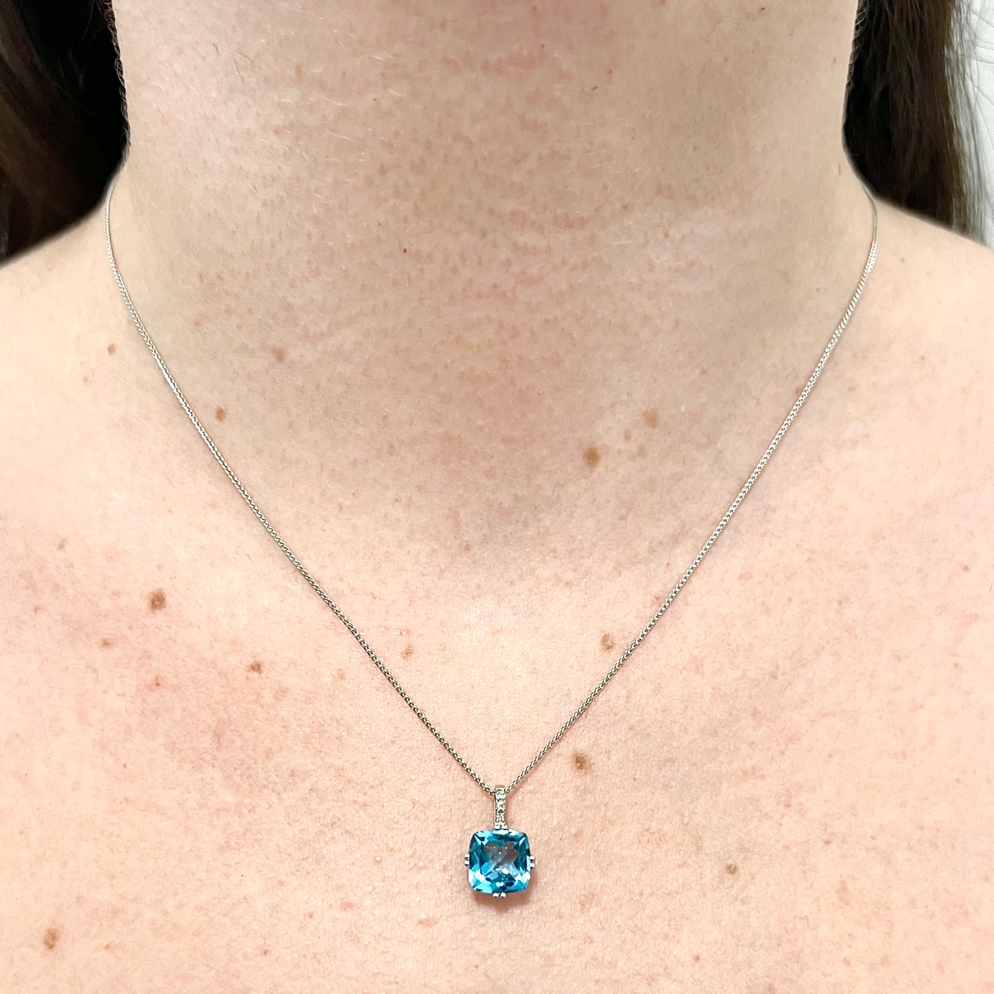 14 Karat White Gold Cushion Swiss Blue Topaz & Diamond Pendant Necklace