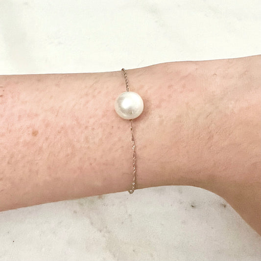 14 Karat White Gold Single White Pearl Chain Bracelet - WeilJewelry