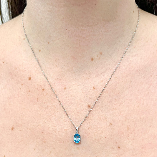 14 Karat White Gold December Birthstone Oval Blue Topaz & Diamond Pendant Necklace - WeilJewelry