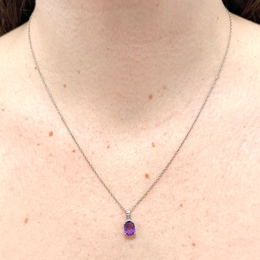 14 Karat White Gold February Birthstone Oval Amethyst & Diamond Pendant Necklace - WeilJewelry