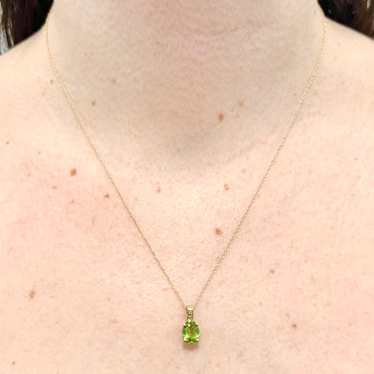 14 Karat Yellow Gold August Birthstone Oval Peridot & Diamond Pendant Necklace - WeilJewelry