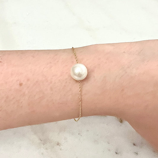 14 Karat Yellow Gold Single White Pearl Chain Bracelet - WeilJewelry