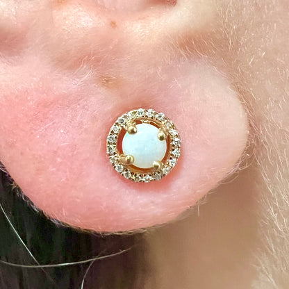 14 Karat Yellow Gold October Birthstone Round Opal & Diamond Halo Stud Earrings