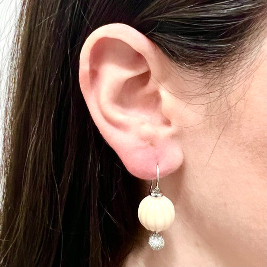 Vintage 18 Karat White Gold Angel Skin Coral & Diamond Drop Earrings By Carvin French - WeilJewelry