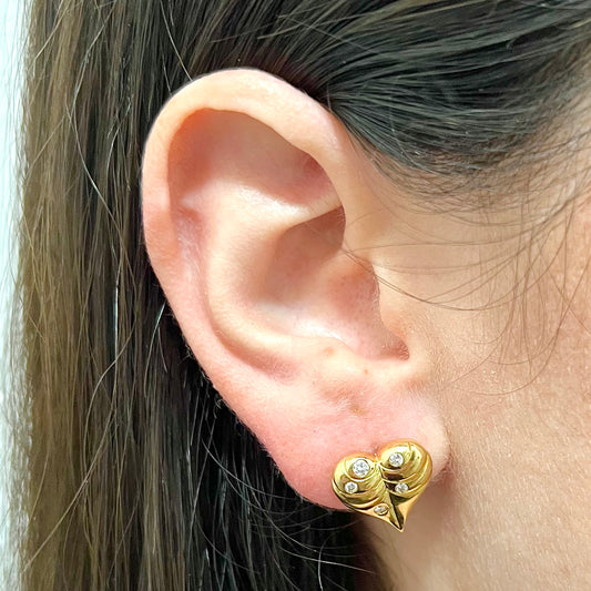 Vintage Handcrafted 18 Karat Yellow Gold Diamond Heart Earrings - WeilJewelry