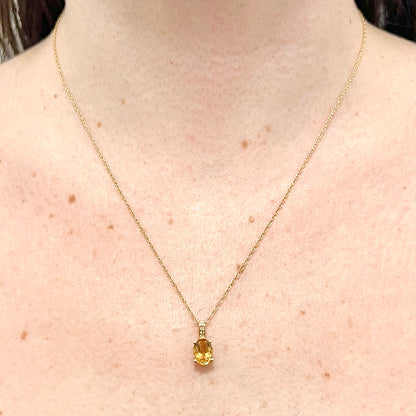 14 Karat Yellow Gold November Birthstone Oval Citrine & Diamond Pendant Necklace