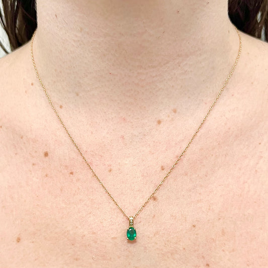 14 Karat Yellow Gold May Birthstone Oval Emerald & Diamond Pendant Necklace - WeilJewelry