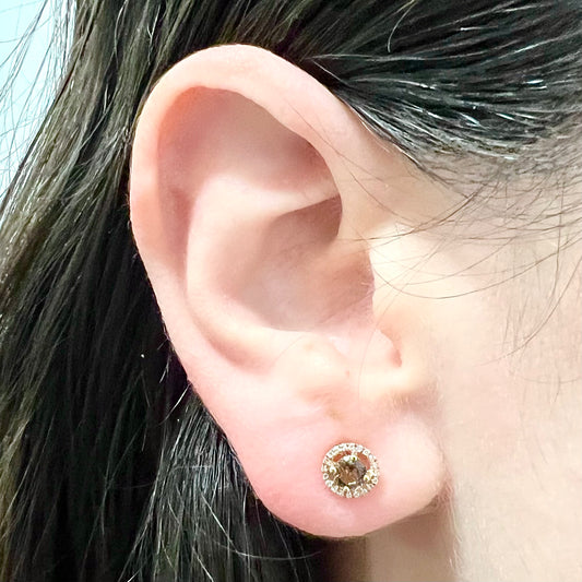 14 Karat Yellow Gold June Birthstone Round Smoky Quartz & Diamond Halo Stud Earrings - WeilJewelry