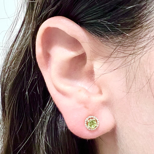 14 Karat Yellow Gold August Birthstone Round Peridot & Diamond Halo Stud Earrings - WeilJewelry