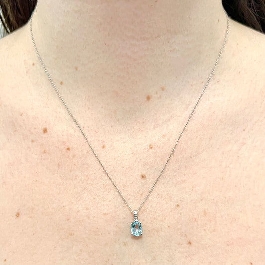 14 Karat White Gold March Birthstone Oval Aquamarine & Diamond Pendant Necklace - WeilJewelry