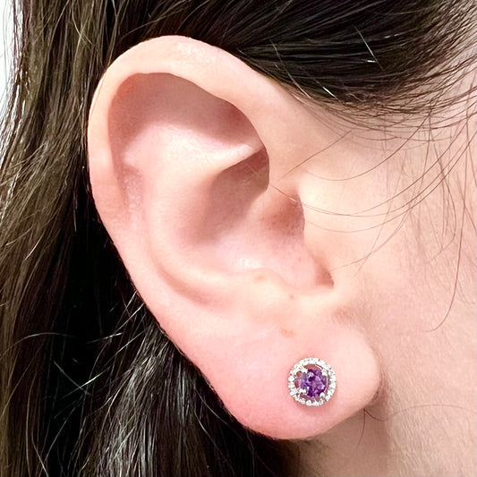 14 Karat White Gold February Birthstone Round Amethyst & Diamond Halo Stud Earrings - WeilJewelry