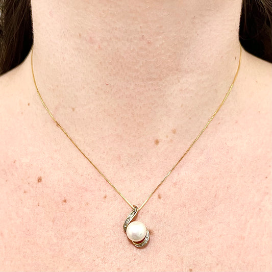 CLEARANCE 40% OFF - 10 Karat Yellow Gold White Pearl & Diamond Pendant - WeilJewelry