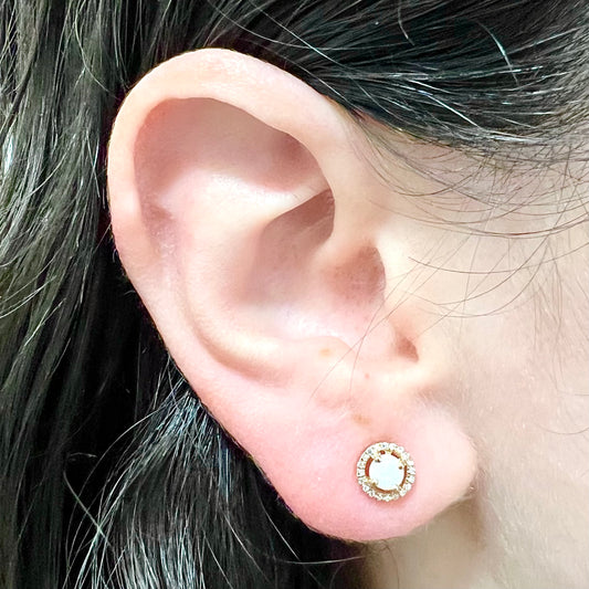 14 Karat Yellow Gold October Birthstone Round Opal & Diamond Halo Stud Earrings - WeilJewelry