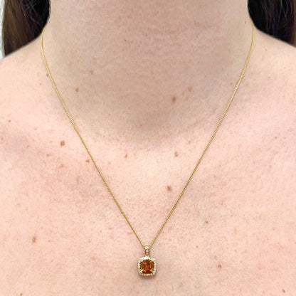 14 Karat Yellow Gold Birthstone Citrine & Diamond Halo Pendant Necklace