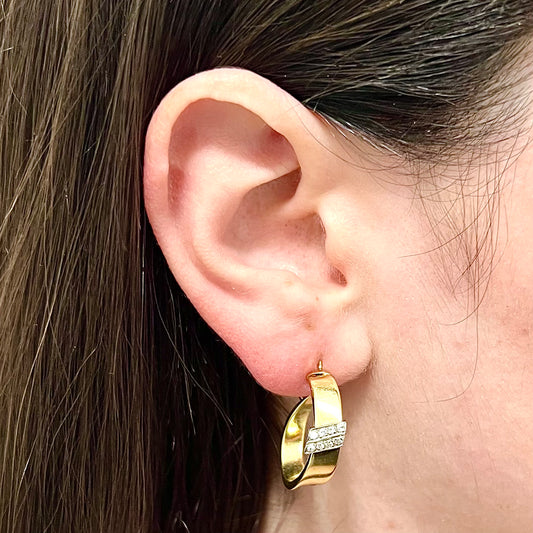 Vintage 18 Karat Two - Tone Diamond Hoop Earrings - WeilJewelry