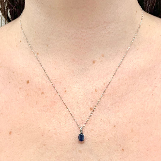 14 Karat White Gold September Birthstone Oval Blue Sapphire & Diamond Pendant Necklace - WeilJewelry