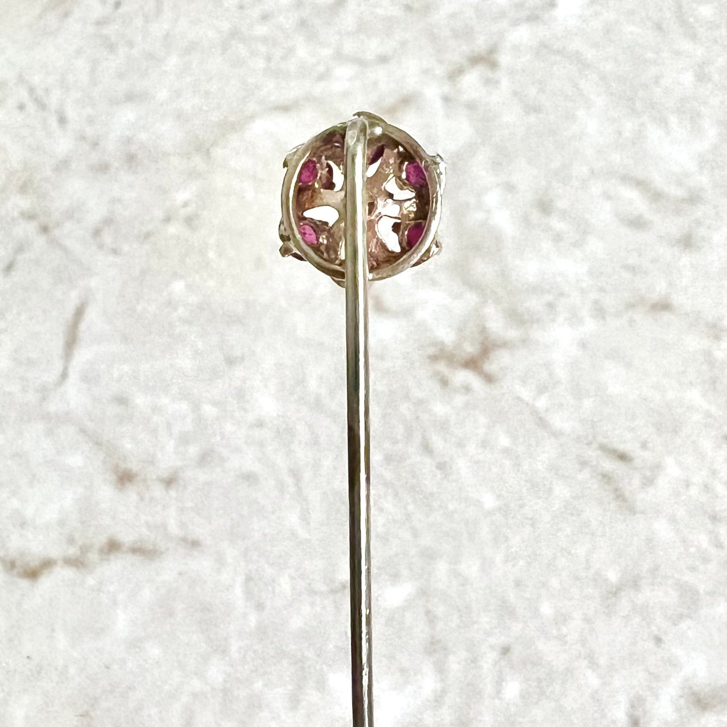 Antique Edwardian 14 Karat Yellow Gold Diamond & Ruby Halo Stick Pin / Lapel Pin - WeilJewelry
