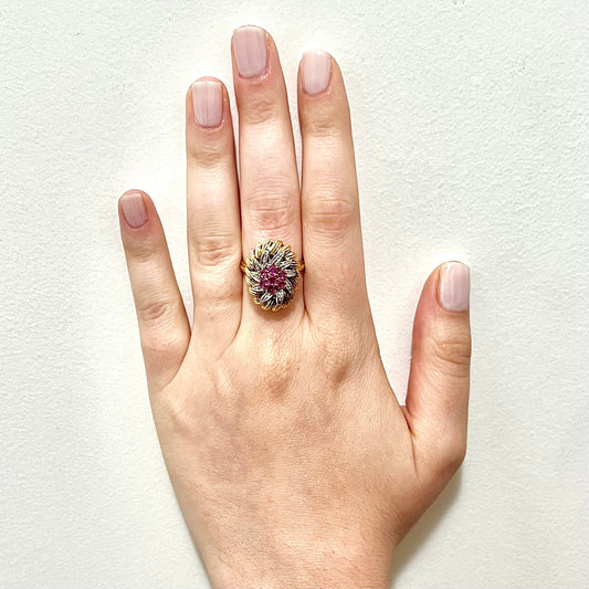 CLEARANCE 40% OFF - Vintage Italian 18 Karat Two - Tone Gold Ruby & Diamond Cocktail Ring - WeilJewelry