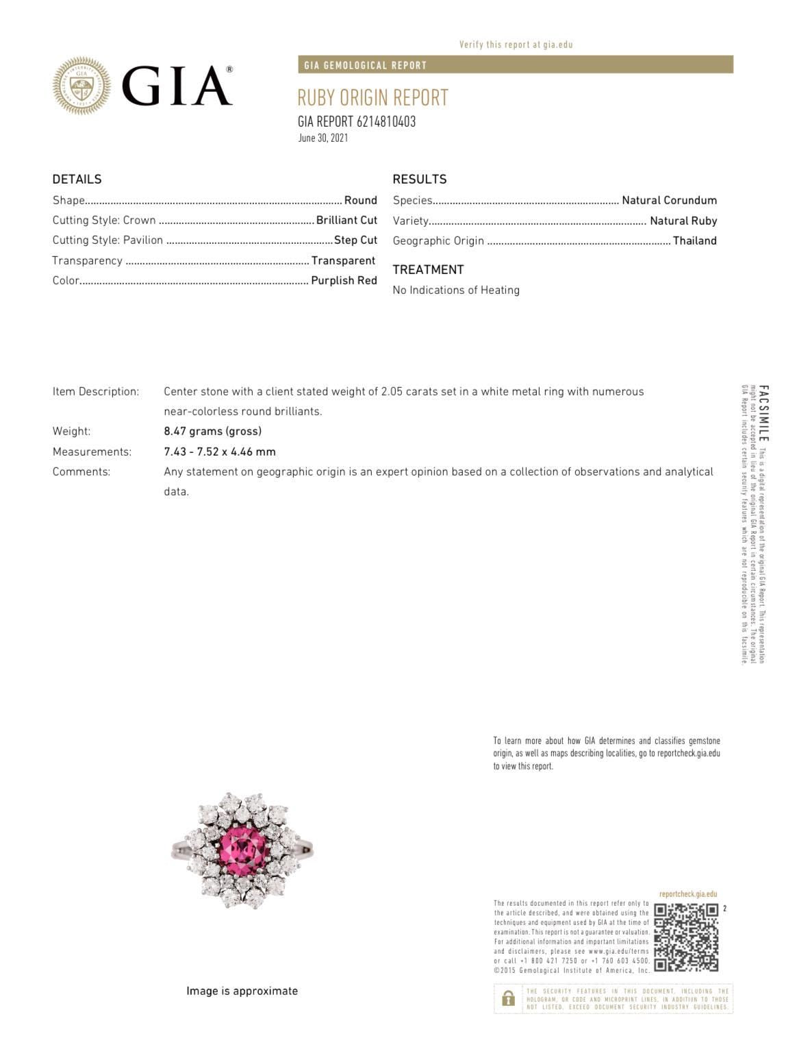 Fine Platinum Diamond & 2.05 Carats Untreated Thai Ruby Halo Ring - WeilJewelry