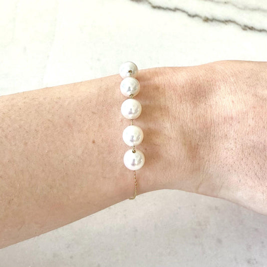 Fine Solid 18K Yellow Gold White Pearl Chain Bracelet - WeilJewelry