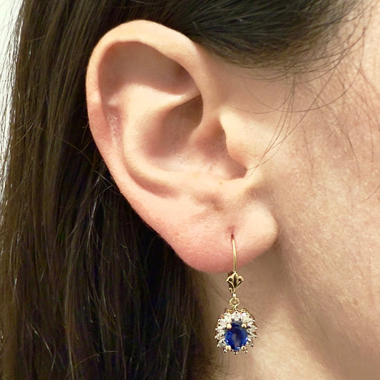 Fine Vintage 14 Karat Yellow Gold Blue Sapphire Halo Dangle Earrings - WeilJewelry