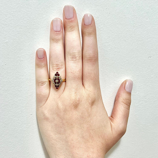 Fine Vintage 18 Karat Yellow Gold Ruby & Diamond Navette Ring - WeilJewelry
