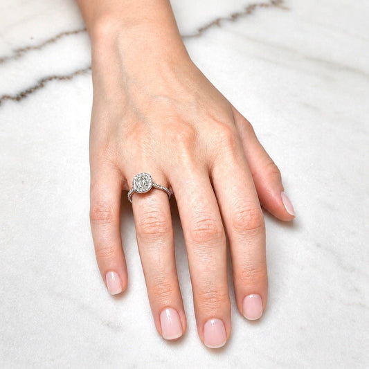 Handcrafted 18K White Gold 1.44 CTTW Antique Cushion Diamond Halo Engagement Ring - WeilJewelry