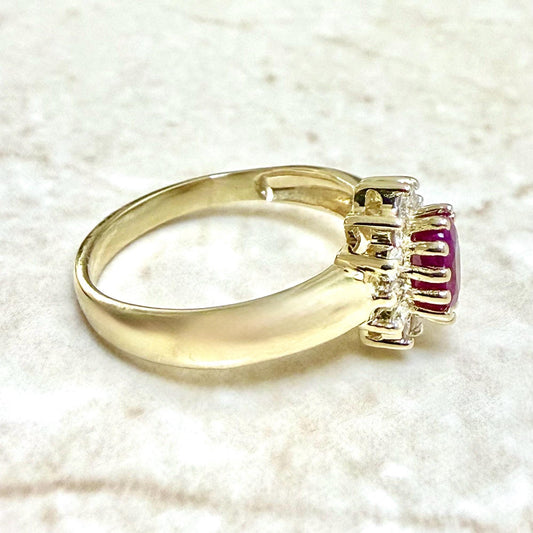 Vintage 14K Yellow Gold Natural Oval Ruby & Diamond Halo Ring - WeilJewelry