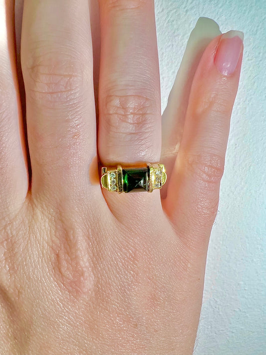 Vintage 14 Karat Yellow Gold Green Tourmaline & Diamond Cocktail Ring - WeilJewelry