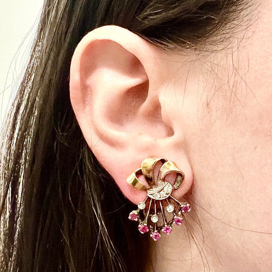 CLEARANCE 40% OFF - Vintage 1940’s Retro 14 Karat Two - Tone Gold Synthetic Ruby & Diamond Clip - On Earrings - WeilJewelry